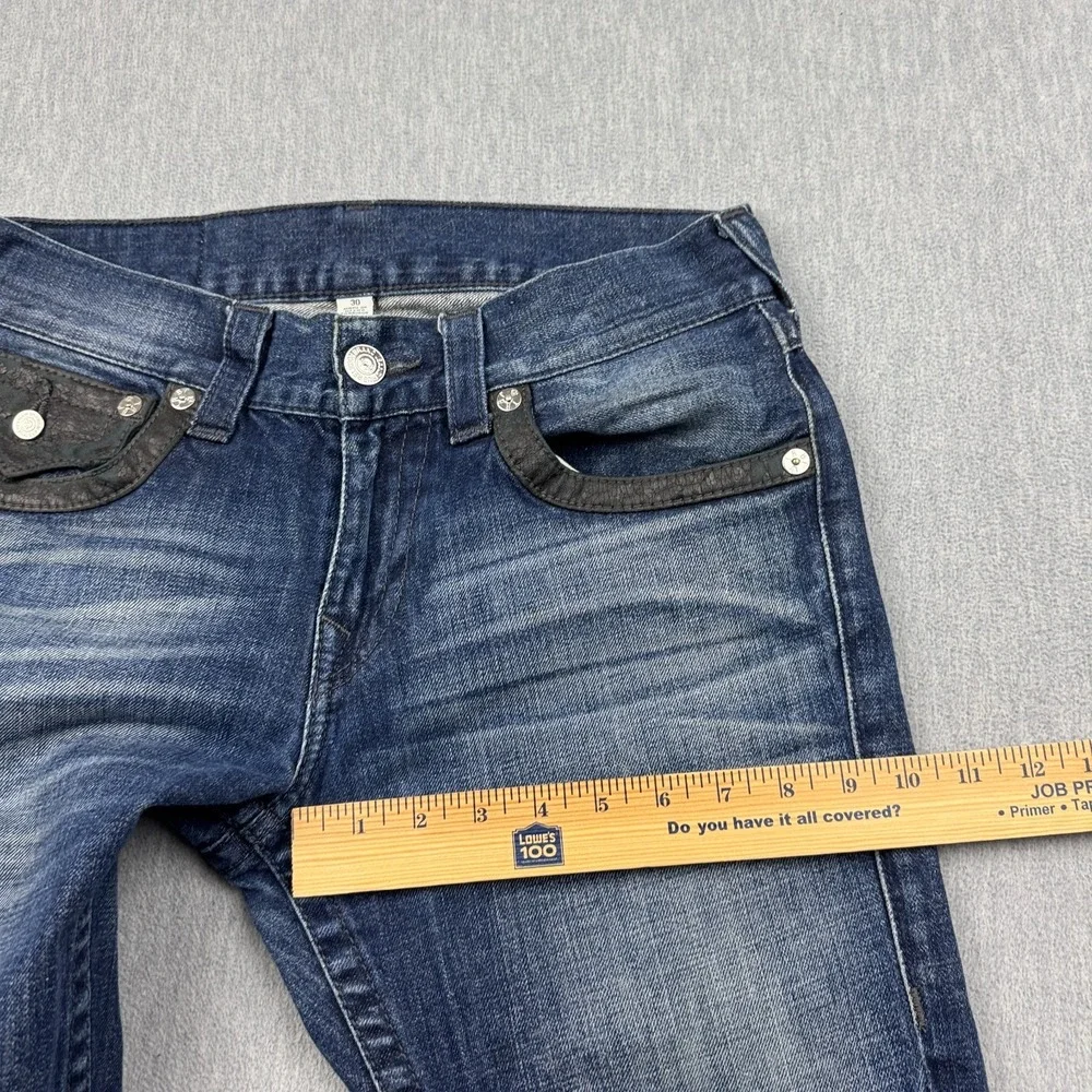 True Religion Jeans Mens 30x26 Blue Denim Skinny Flap Pocket Leather Trim Cotton